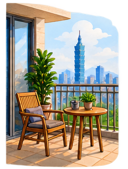 Illustration of a balcony overlooking the Taipei skyline